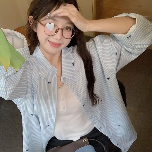 Lugeli shirt women's spring and autumn new striped casual butterfly print shirt French loose high-end commuting style shirt striped shirt blue M recommended 95-105Jin Jin equals 0.5 kg