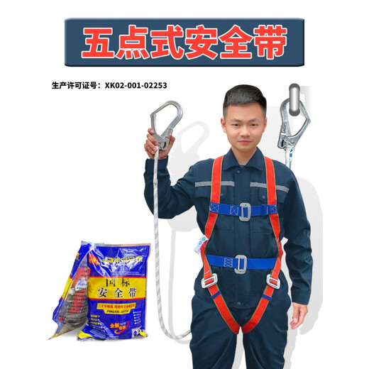 Customized full-body five-point safety belt, national standard rope for high-altitude work, wear-resistant protection, large double hook, 5-point European safety belt, five-point type 2F single small hook, 2F 2-meter rope, five-point type/double small hook/3-meter rope
