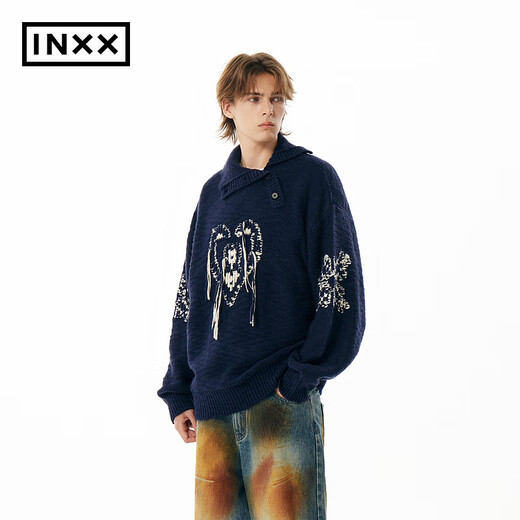Inxx apyd einfacher fauler Rollkragenpullover für Männer und Frauen, Love Grain Pullover Strick -Pullover Navy Blue M.