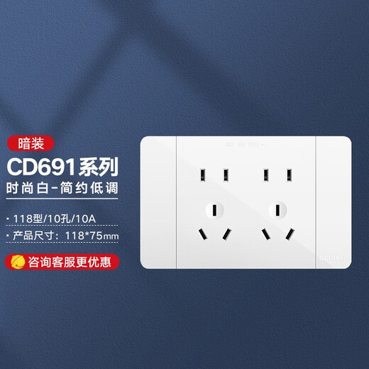 德力西（DELIXI） 插座面板CD691系列118型多孔位插座面板 时尚白 118型十孔