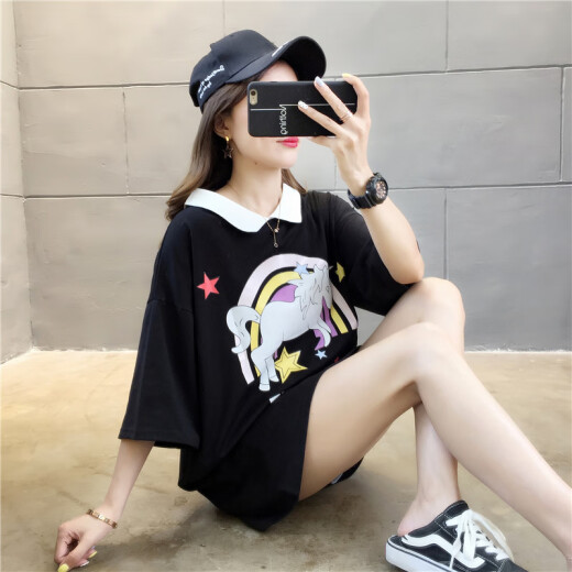 Langyue women's summer Korean style loose POLO collar dress short-sleeved T-shirt female students medium and long fashion casual bottoming shirt top LWTD202106 black L