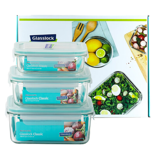 GLASSLOCK Boîte à lunch coréenne en verre trempé résistant à la chaleur, réfrigérateur à micro-ondes, bac à légumes multi-spécifications, ensemble rectangulaire 400 ml + 695 ml + 1090 ml