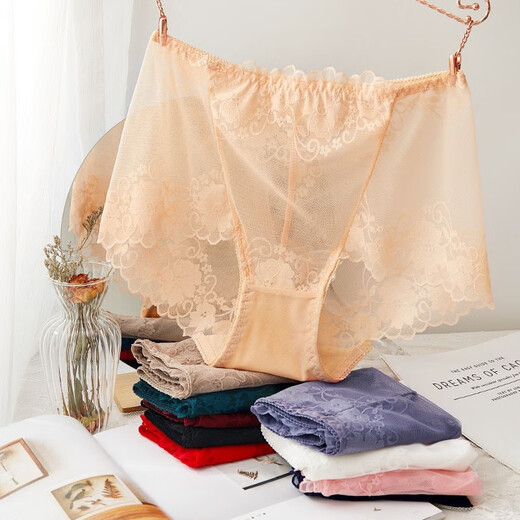 CKPED4条装蕾丝女士内裤女性感冰丝无痕高腰纯棉裆少妇女式大码短裤 粉色_肤色_白色_灰蓝  L 90-115斤