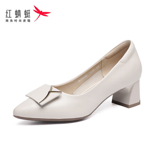 红蜻蜓时尚方扣通勤高跟鞋女士单鞋气质优雅粗跟女鞋WLB33095 米色 36