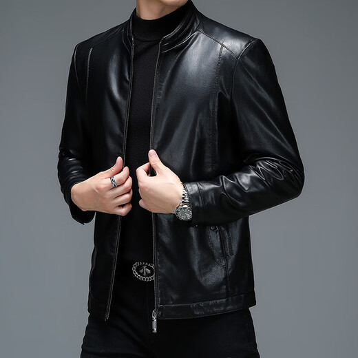 Goldlion official website flagship 2024 winter men's leather jacket middle-aged loose solid color stand-up collar leather jacket thickened warm casual b98-21770 black XXS m