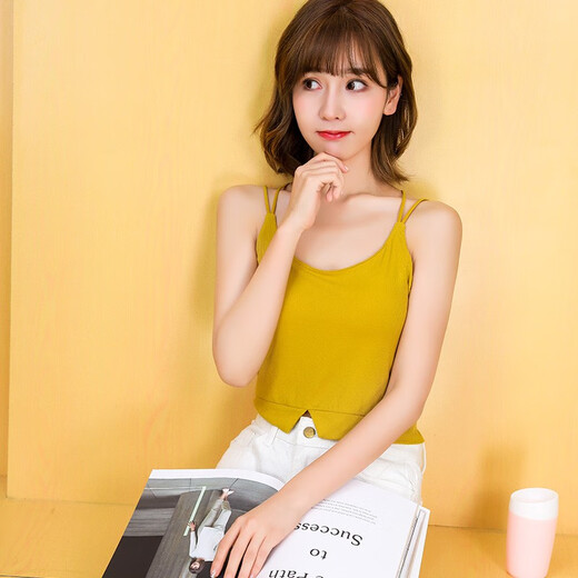 Yiershuang Women's Summer 40 Count Cross Thin Strap Camisole Vest Women's Navel Cord Breast Pad Can Be Weared Outside Basic Basement Camel (Regular Style) XL