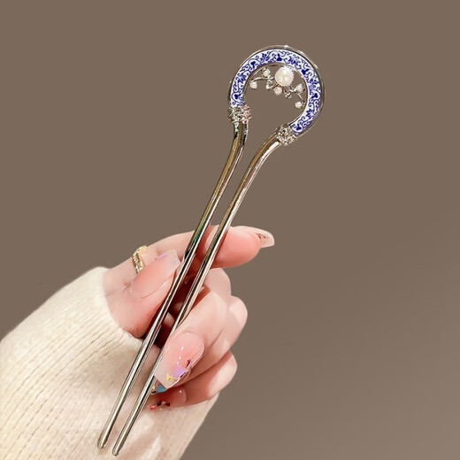 National style classical U-shaped hairpin for women, blue and white porcelain, new Chinese style temperament hairpin, high-end hairpin, hairpin, hairpin, blue and white porcelain pearl-U-shaped hairpin gold