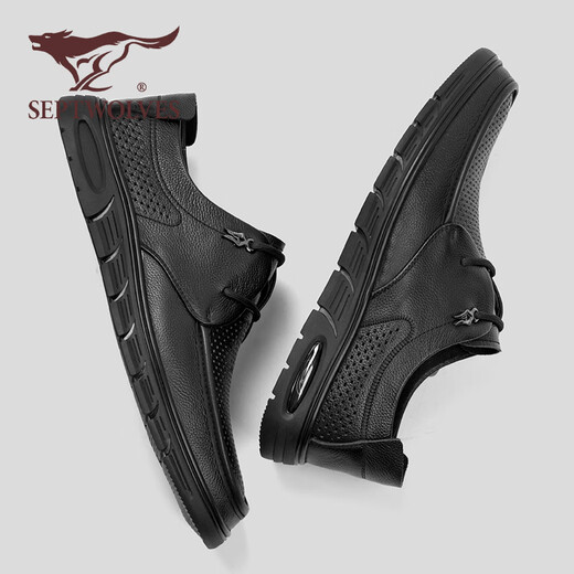 Shoes de cuero casual de siete lobo zapatos para hombres Summer NUEVO estilo Avalte Bollow Bollow Sode Mesh Mesh Caza sin deslizamiento Ligeros Ligeros zapatos casuales Men's Black [Tamaño de zapato de cuero estándar] 41