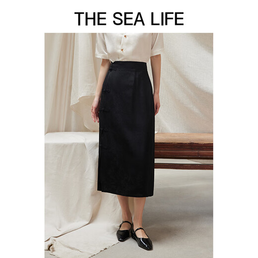 
THE SEA LIFE Ou Hai Yisheng New Chinese style high-waisted skirt for women 24 summer waist-hugging high-end black folding skirt Y16866 Black Mage S