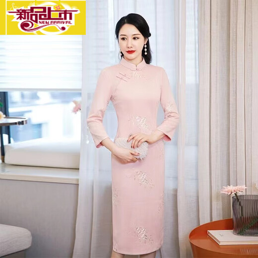 Initial diameter plus velvet and thickened cheongsam 2025 new autumn and winter young style improved retro long-sleeved long style women's pink warm pink velvet and thickened M 85-100Jin Jin equals 0.5 kg