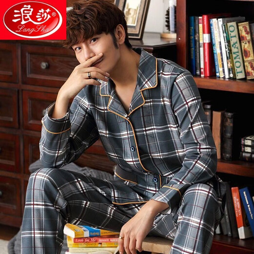 
Langsha pajamas men's 100% pure cotton long sleeve plus size 200 Jin [Jin equals 0.5 kg] Spring and Autumn Style Home Suit for Young and Middle-aged and Elderly Autumn Pajamas J9901 XXL (suitable for 160 Jin [Jin equals 0.5 kg]-180 Jin [Jin equals 0.5 kg])
