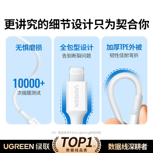 Greenlink MFi certification does not pop up, suitable for Apple charging cable, fast charging data cable, USB to Lightning lightning interface, iPhone14/13/12 mobile phone tablet 1m