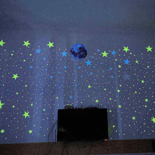 Shantoulin Village 30 m leuchtend mond leuchtende Sterne kreative fluoreszierende Wandaufkleber Kinderzimmerdekoration Cartoon Streifer Himmel Aufkleber von (blaues Licht) 1 Mond + 1049 Stern Punkte