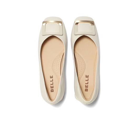 Belle Square Button High Heels Fraueneinkaufszentrum gleiche Style Schaffell Leichtmund Single Schuhe Z8B1DCQ3 Beige 36