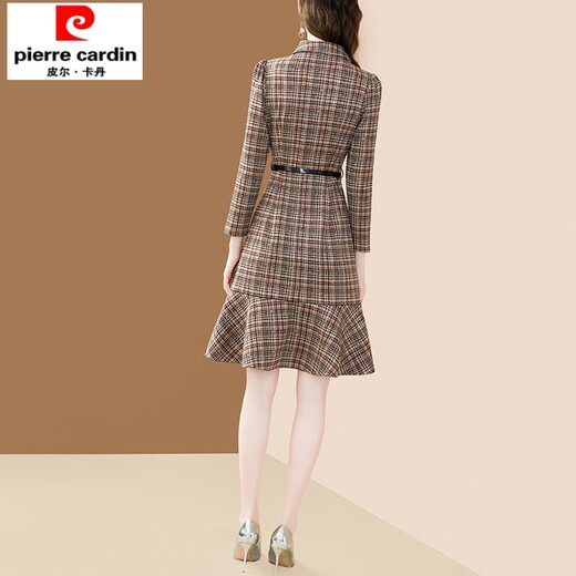 Chudiao temperament plaid suit collar dress for women 2025 autumn and winter new style waist tie mid-length fishtail a-line skirt color XL