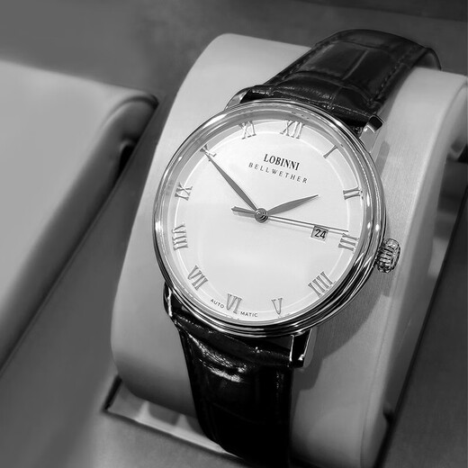 Lobinni Men de montre masculine entièrement automatique mécanique pour hommes Watch Student Belt Business Business Watch 12033 Silver Shell White Face Black Cuir