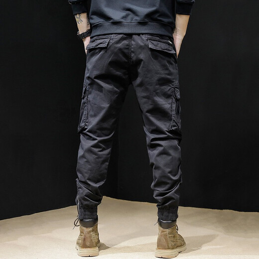 古先森美式复古工装裤男款宽松休闲裤男秋冬款哈伦裤潮牌束脚裤男长裤子 黑色 31 【125-135斤】