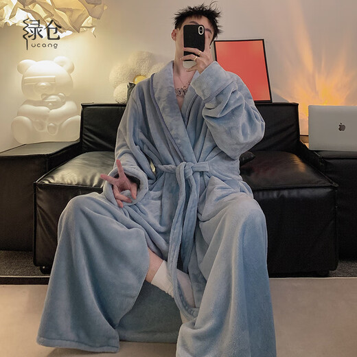 Green warehouse autumn and winter coral velvet nightgown men's winter plus velvet thickened warm five-star hotel bathrobe plus fat plus size pajamas black and gray long loose version 3XL size