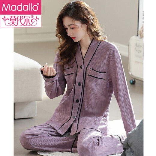 Modal pajamas women's spring and autumn autumn pure cotton long-sleeved home clothes full cotton plus large size loose autumn thin T9274 elegant black 2XL (175)