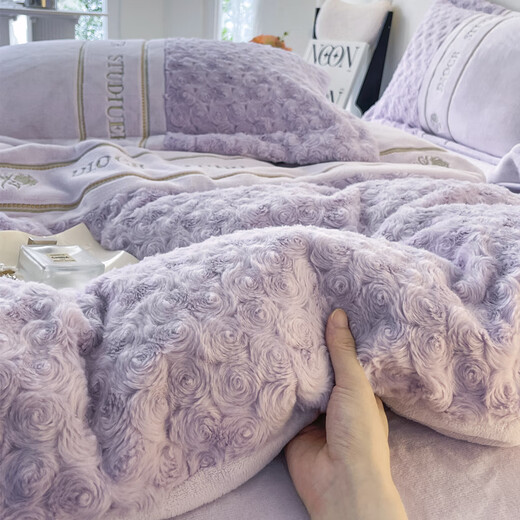 Mercury Series French Winter Warm Milk Velvet Four-piece Set Princess Style Rabbit Plush Quilt Cover Coral Velvet Sheets Style Bedding Non-static Milk Velvet-Purple 1.8m Sheet Style Four-piece Quilt Cover 200x230cm