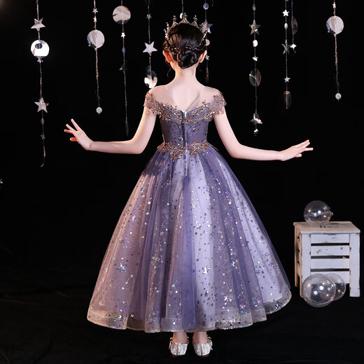 Little Kayi Qian Kinder Laufsteg Abendkleid Mädchen Geburtstag Prinzessin Rock geschwollenes Garn Little Girl Host Piano Performance Kostüm Purple 1591 vorne kurzer Rückblick 130
