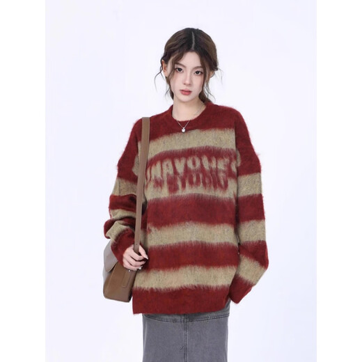 爱图荣美式古着条纹毛衣女加厚仿貂绒2024新款秋冬季软糯慵懒外穿针织衣 红色#国潮MY9214 L