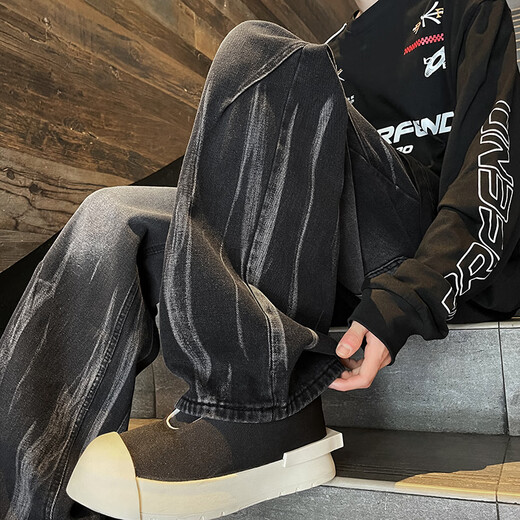 Shelley Jones American retro tie-dye jeans men's autumn and winter velvet washed gradient high street vibe slightly wide-leg pants black velvet L recommended 110-130Jin Jin equals 0.5 kg