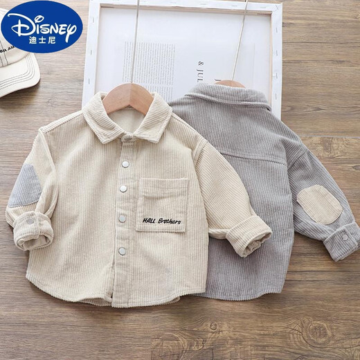 Disney (Disney) boys' shirt thickened corduroy top 2024 new children's clothing children's long-sleeved shirt Korean style trendy boys' jacket plus velvet gray 140 140cm