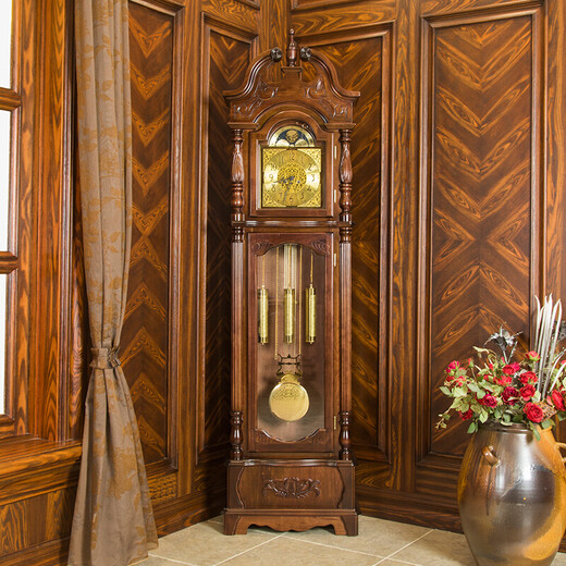 Yunhao floor clock solid wood hand-carved retro simple European mechanical movement clock new Chinese style living room watch time chime auspicious chestnut color 14 inches