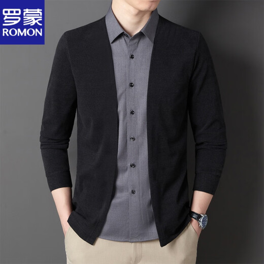 ROMON cardigan sweater men's ice silk knitted sweater jacket Korean version solid color business casual men's black sweater top slightly thicker -15042-black single jacket XL 140-150Jin [Jin equals 0.5 kg]