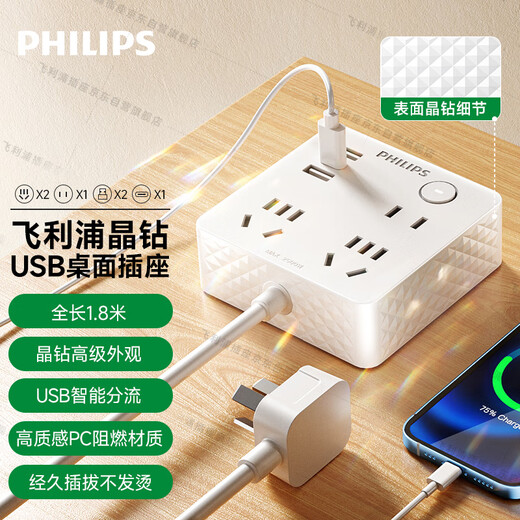 飞利浦（PHILIPS）桌面魔方智能USB插座 /Type-c一转多插线板/插排/排插/接线板/扩展多用插板1.8米
