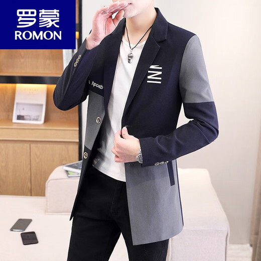 ROMON mid-length windbreaker for men spring and autumn 2026 new spliced ​​casual jacket Korean style trendy slim fit handsome black 209 spliced ​​mid-length 2XL