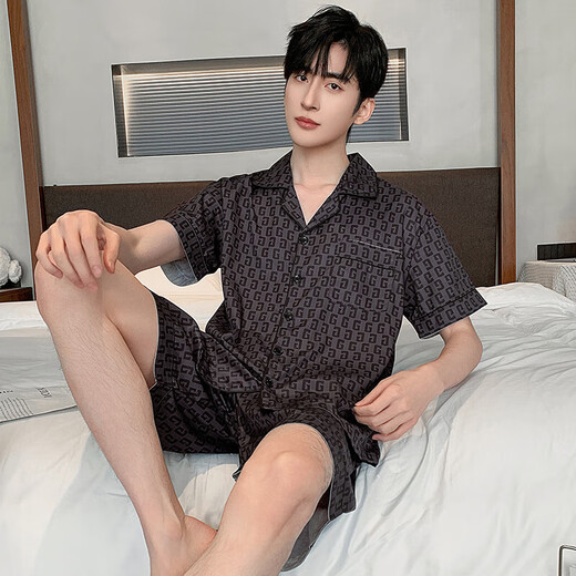 
LangSha ice silk pajamas men's summer short-sleeved thin imitation silk home clothing men's middle-aged and young summer silk suit LQY6628 3XL 175-185CM/170-190Jin[Jin equals 0.5 kg]