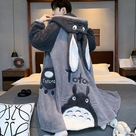 柚港睡衣秋冬男加绒加厚珊瑚绒睡袍冬季男士青少年大码家居服套装冬天 6172龙猫睡袍+裤子 4XL (190cm 建议体重200-240)