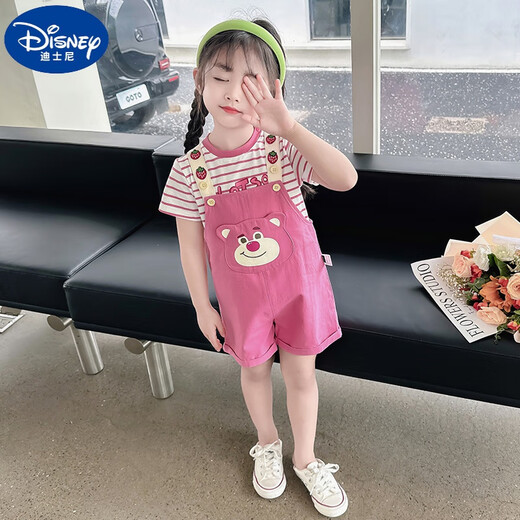 迪士尼（Disney）女童夏装套装2025新款儿童装洋气时髦背带裤短袖女宝宝夏季两件套 粉红色 100 适合身高90-100cm年龄3-4周岁