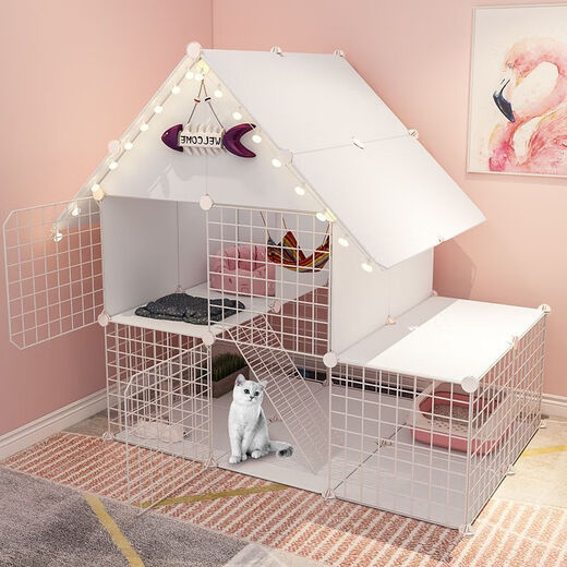 Cat Cage Home Indoor Cat Villa with Toilet Clearance Large Extra Large Free Space Small Cat Nest Cattery Three-story Small Bungalow + White Jump Platform - Multi-Cat Paradise Exclusive Model Hardcover Model + Cat Litter Box + Dual-Purpose Cat Bowl