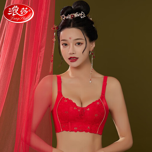 浪莎内衣女士本命年大红色文胸套装无钢圈聚拢四季性感蕾丝鸿运礼盒 6624【6件套礼盒】 85B 【上薄下厚】