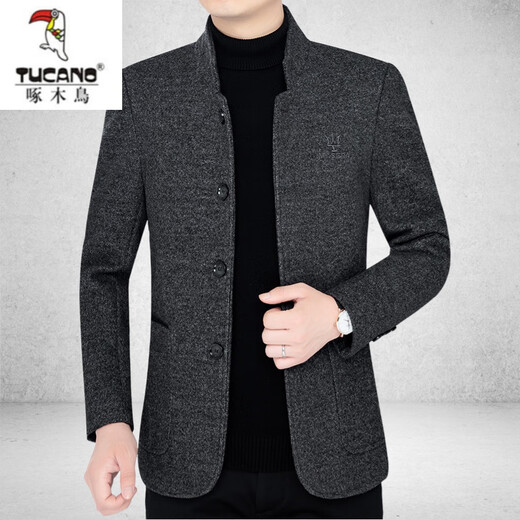 Woodpecker (TUCANO) high-end men's woolen jacket for men 2023 autumn and winter new stand-up collar thickened woolen coat dad wear black gray cotton style XL 180 suitable for 140-155Jin Jin equals 0.5 kg