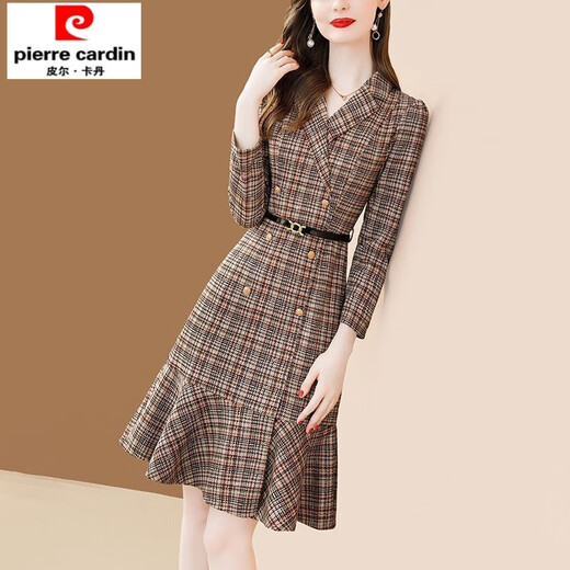 Chudiao temperament plaid suit collar dress for women 2025 autumn and winter new style waist tie mid-length fishtail a-line skirt color XL