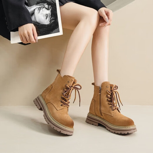 
Plain Martin Boots Women's Short Boots Brown Spring 2025 New Retro Work Suit Western British Style Thick Sole Heightening Denim Boots Martin Boots Women [7-hole Brown Zipper Style] 36