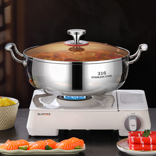 Mrs. Huachu extra thick 316L stainless steel hot pot soup pot mandarin duck pot shabu-shabu household large capacity gas stove induction cooker special pot antibacterial 316 30cm extra thick uncoated 30cm