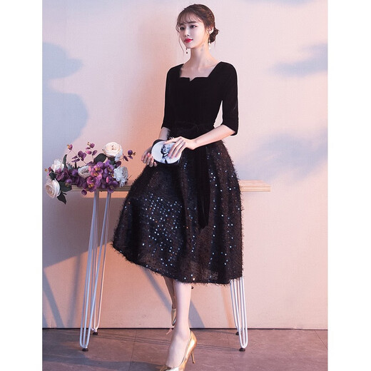 Seidler black little evening dress for women to wear at ordinary times 2025 new banquet and evening temperament mid-length annual meeting to look slim black XL