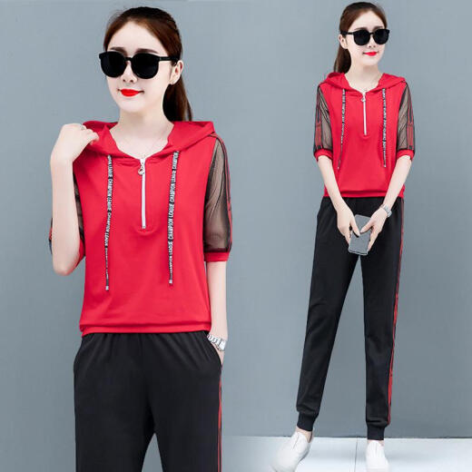 BANDALY2020 summer sweatshirt women's sports suit women's hooded trendy casual suit women's loose fashion three-quarter sleeve zx2A001-510A red L