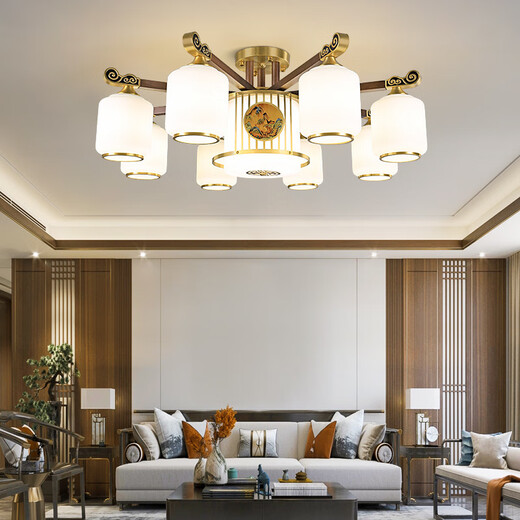 Mixin new Chinese style full copper black walnut chandelier living room lamp new minimalist Chinese style villa bedroom dining room ceiling lamp all copper (4 heads) three-color light