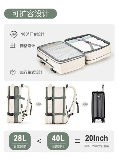 旅行双肩包可扩容2024秋冬商务出差旅游大容量女 米白绿USB升级可扩容