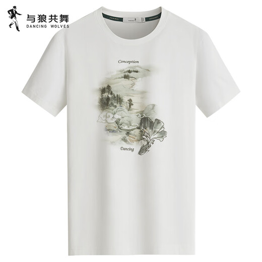 与狼共舞【凉感索罗娜】夏季凉感透气国风印绣男士短袖T恤 803本白 170 