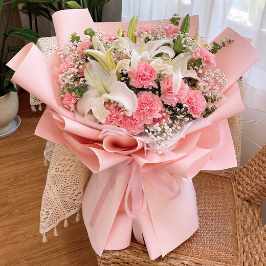 馨仪鲜花速递百合花玫瑰花束生日礼物送女友全国同城配送 19朵粉色康乃馨+6朵白百合混搭花束