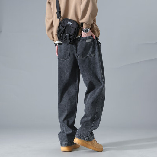 Dingfengbaoluo American washed jeans straight spring and summer trendy brand large size loose wide leg pants men DS61 black 4XL