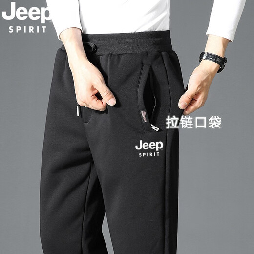 JEEP SPIRIT裤子男冬季加绒裤子男加厚运动男士休闲裤大码保暖羊羔绒纯棉裤 967-黑色直筒 XL （115斤-130斤）