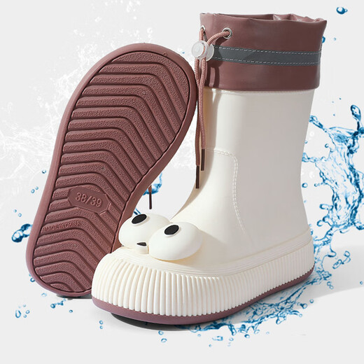 Zhenxiu girls' rain boots fashionable outside wear women's water shoes non-slip waterproof rain boots mid-tube water boots children's rain boots soft rubber shoe cover rain boots [white big eyes edge-removable insole] 40-41